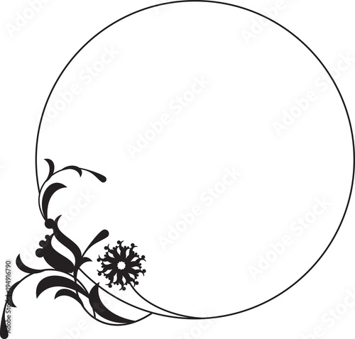 Black and white round frame with floral silhouettes. 