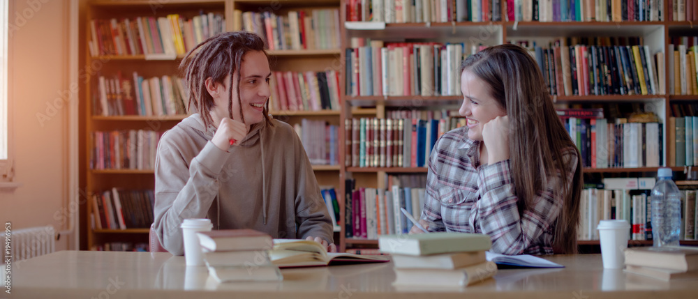 Lovely couple learning together in library Lovely couple learning together in library