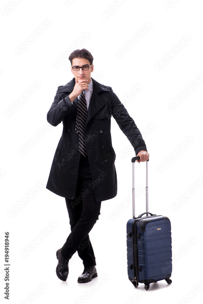 Young businessman with suitcase ready for business trip on white Young businessman with suitcase ready for business trip on white