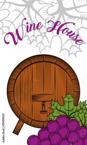 wine house wooden cask and grapes winery vertical banner vector illustration