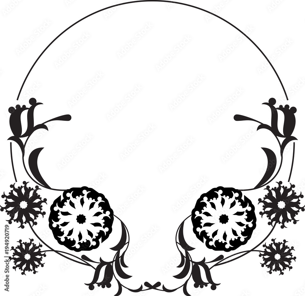 Naklejka premium Black and white round frame with floral silhouettes. 
