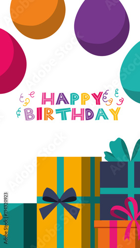 happy birthday banner celebration party balloons and gift boxes vector illustration