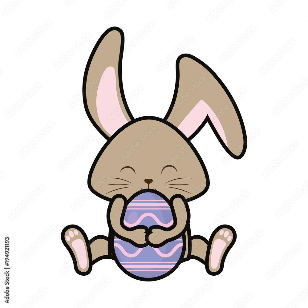  colorful rabbit hugging violet easter egg  over white background vector illustration