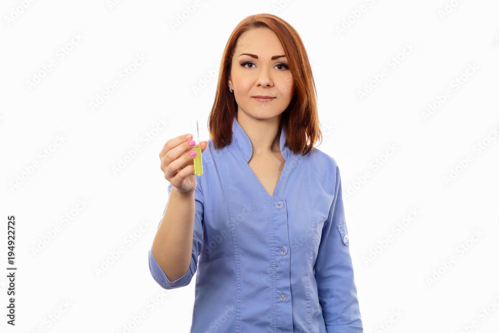 Doctor, nurse with a test tube, vial isolated white background. Doctor, nurse with a test tube, vial isolated white background.