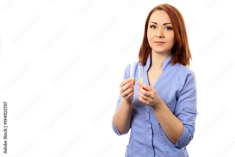 Doctor, nurse with a test tube, vial isolated white background. Doctor, nurse with a test tube, vial isolated white background.