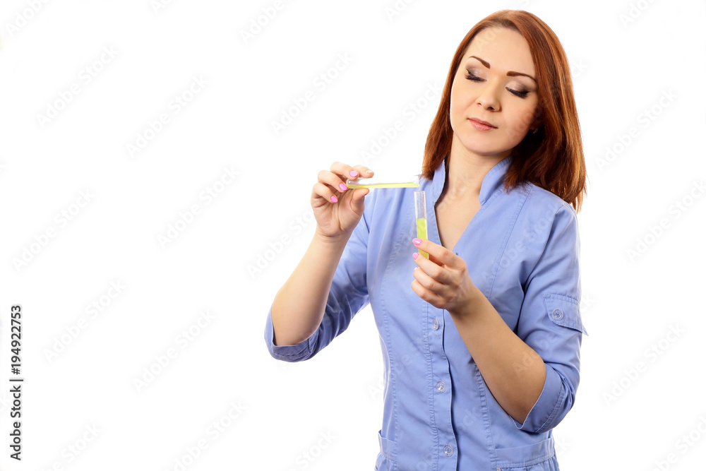 Doctor, nurse with a test tube, vial isolated white background. Doctor, nurse with a test tube, vial isolated white background.