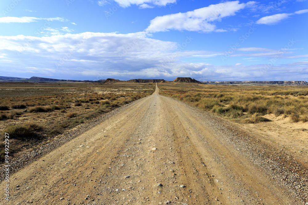 Road in Bardenas desert in Spain.