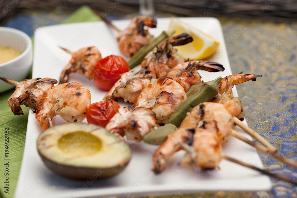 Grilled Shrimps Skewers for Dinner in Garden Grilled Shrimps Skewers for Dinner in Garden