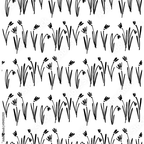 Vector seamless pattern of ink drawing wild plants, herbs and flowers, monochrome botanical illustration, floral elements, hand drawn repeatable background. Artistic backdrop.
