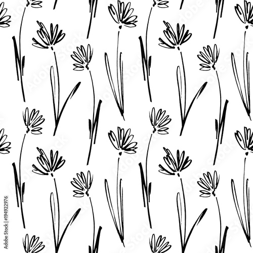 Vector seamless pattern of ink drawing wild plants, herbs and flowers, monochrome botanical illustration, floral elements, hand drawn repeatable background. Artistic backdrop.