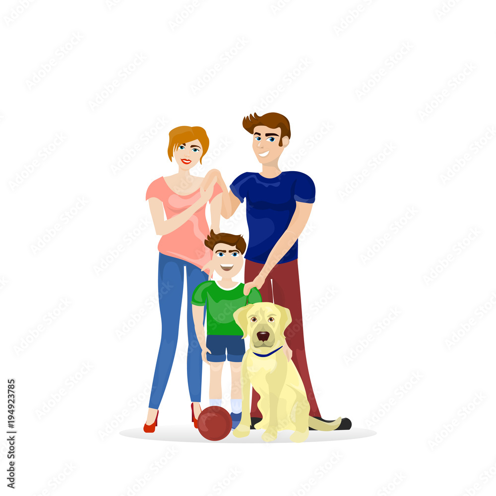 Family Parents And Son With Labrador Dog Isolated On White Background Flat Vector Illustration Family Parents And Son With Labrador Dog Isolated On White Background Flat Vector Illustration