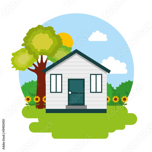 house garden tree flowers bushes scene vector illustration vector