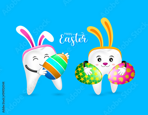Bunny tooth character holding Easter eggs. Dental Easter, illustration isolated on blue background.