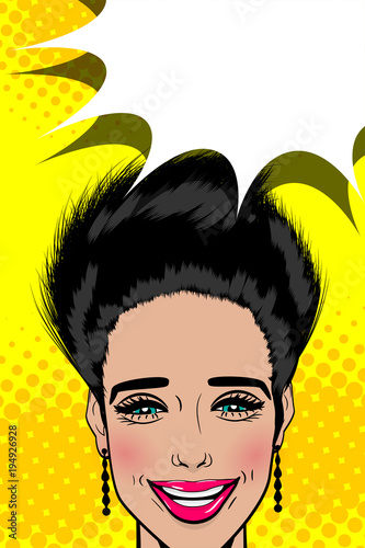 Shocked face vintage girl. Seasonal fashion sale banner. Vintage colored poster comic glossy text speech bubble balloon design. WOW SALE kitsch advertise. Wow face pop art style beautiful woman