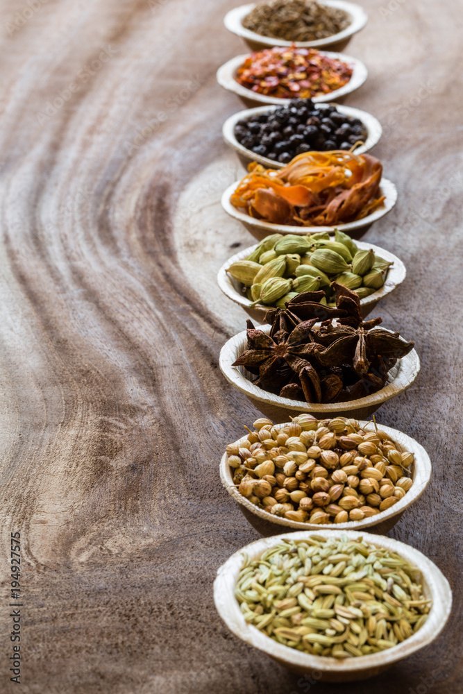Group of indian spices in bowls on wooden background Group of indian spices in bowls on wooden background