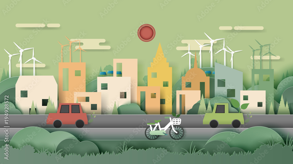 Green nature eco friendly city and urban forest landscape abstract background.Renewable energy for ecology and environment conservation concept paper art design.Vector illustration. Green nature eco friendly city and urban forest landscape abstract background.Renewable energy for ecology and environment conservation concept paper art design.Vector illustration.