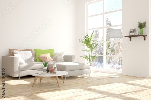 White room with sofa and winter landscape in window. Scandinavian interior design. 3D illustration