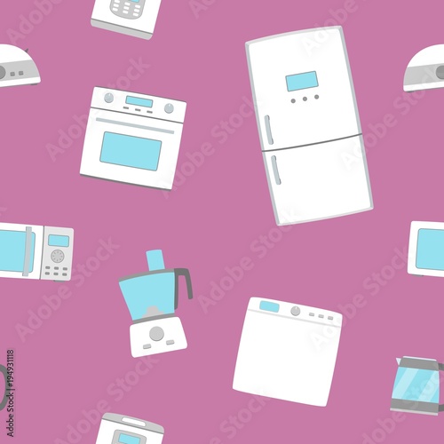 Home appliance set seamless background. TV, refrigerator, conditioner, dishwasher, oven, kettle, iron, multicooker, blender mixer vacuum cleaner washing machine microwave toster Vector illustratoin
