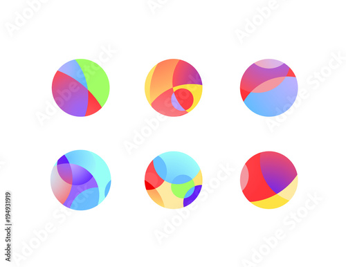 Abstract circular sphere icons with overlapping circles and round shapes. Colorful highlights and shadows of cropped orbs.