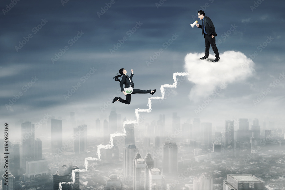 Female worker meets her leader on the cloud Female worker meets her leader on the cloud