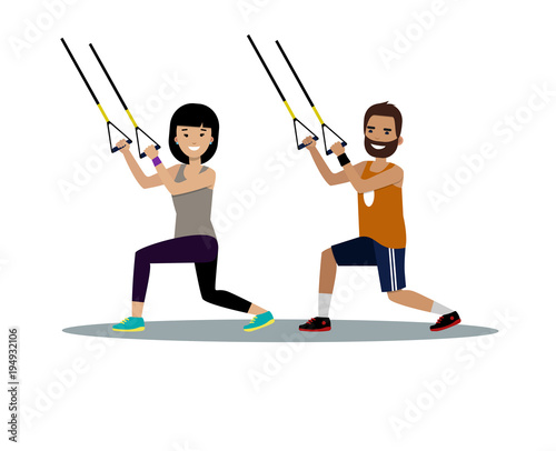 Happy man and woman training in gym