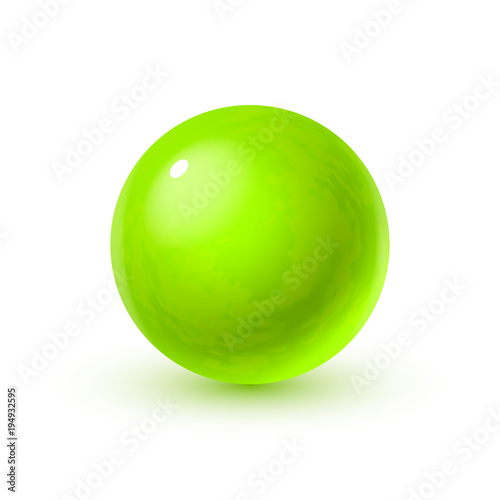 Realistic glass sphere with shadows, reflection of sky in mirror surface of green pearl