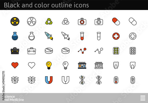 Black and color outline icons, thin stroke line style design
