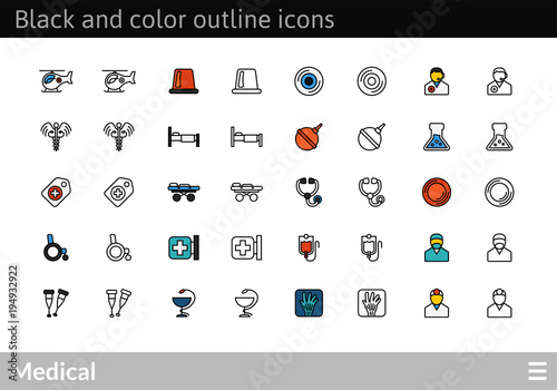 Black and color outline icons, thin stroke line style design