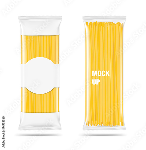 Mockup of pasta pillow bag isolated on white background. Vector illustration. Ready to place your design. EPS10.