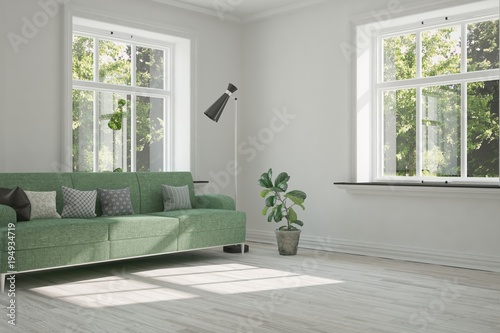 Idea of white room with sofa and summer landscape in window. Scandinavian interior design. 3D illustration