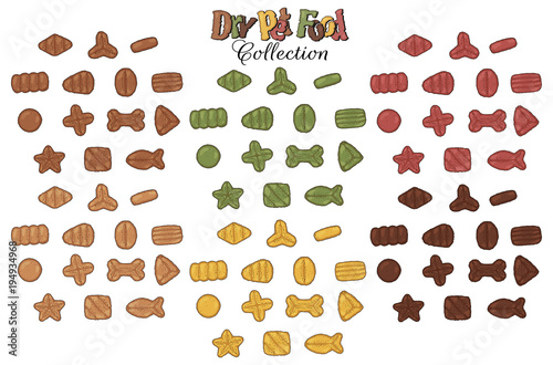 Collection of images on the theme of dry food for cats and dogs. Vector snacks for pets.