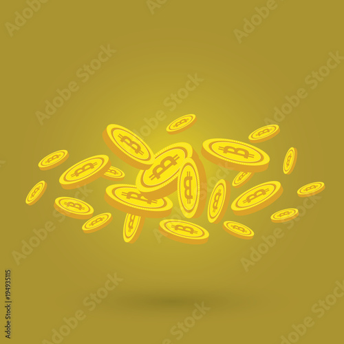 Golden Bitcoins and New Virtual money concept, 3d rendering isolated on white background. Stacks of many gold coins with icon
