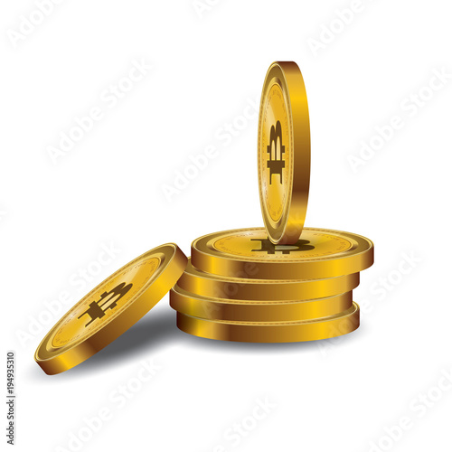 Golden Bitcoins and New Virtual money concept, 3d rendering isolated on white background. Stacks of many gold coins with icon