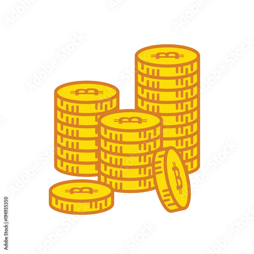 Golden Bitcoins and New Virtual money concept, 3d rendering isolated on white background. Stacks of many gold coins with icon