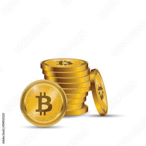 Golden Bitcoins and New Virtual money concept, 3d rendering isolated on white background. Stacks of many gold coins with icon