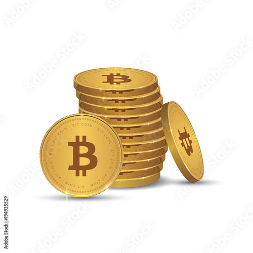 Golden Bitcoins and New Virtual money concept, 3d rendering isolated on white background. Stacks of many gold coins with icon