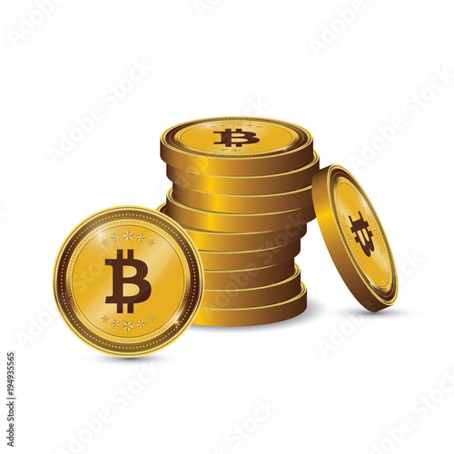 Golden Bitcoins and New Virtual money concept, 3d rendering isolated on white background. Stacks of many gold coins with icon