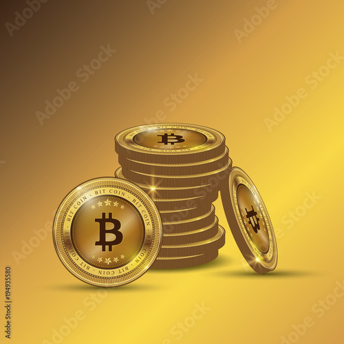 Golden Bitcoins and New Virtual money concept, 3d rendering isolated on white background. Stacks of many gold coins with icon