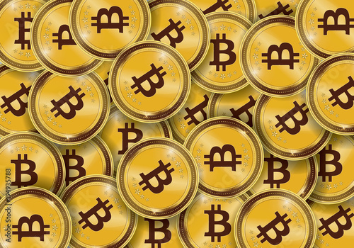 Golden Bitcoins and New Virtual money concept, 3d rendering isolated on white background. Stacks of many gold coins with icon