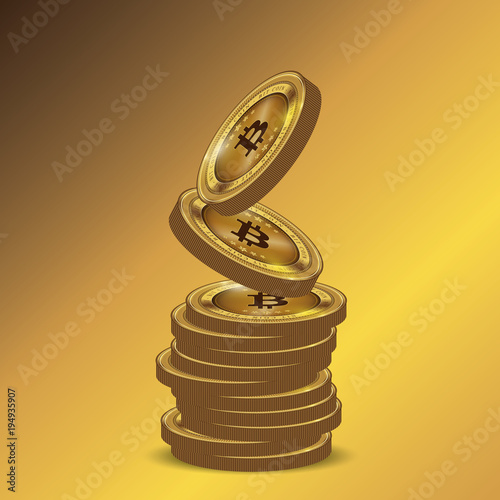 Golden Bitcoins and New Virtual money concept, 3d rendering isolated on white background. Stacks of many gold coins with icon