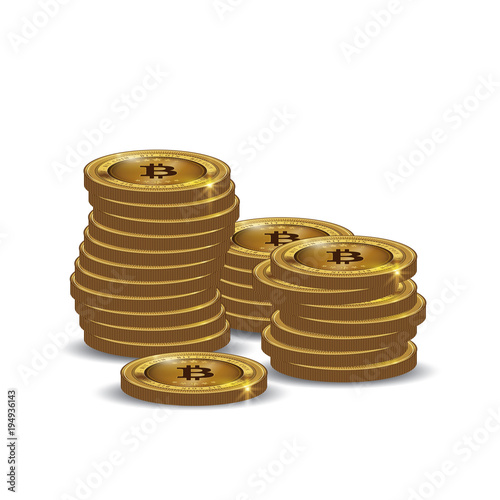 Golden Bitcoins and New Virtual money concept, 3d rendering isolated on white background. Stacks of many gold coins with icon