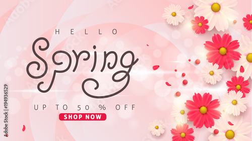 Spring sale background layout with beautiful colorful flower for banners,Wallpaper,flyers, invitation, posters, brochure, voucher discount.Vector illustration template.