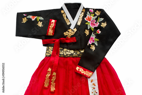 The colorful Hanbok, Korean traditional silk dress isolated on the white background. Holiday concept. 