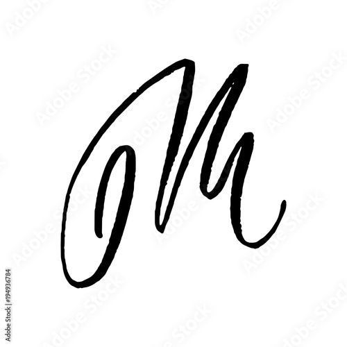 Letter M. Handwritten by dry brush. Rough strokes textured font. Vector illustration. Grunge style elegant alphabet.