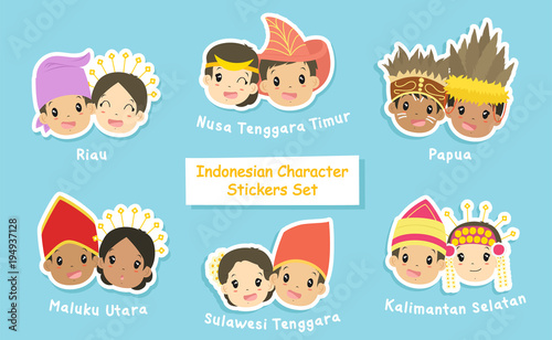 Indonesian couple stickers collection. Indonesian boys and girls wearing Indonesian headdress. printable stickers template cartoon vector.