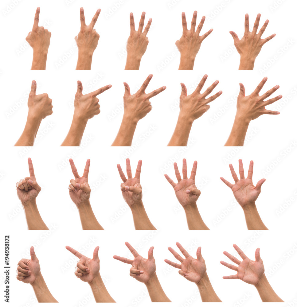 Sum 10 picture of Men hand in front and back side with show number collection over white background, include clipping path Sum 10 picture of Men hand in front and back side with show number collection over white background, include clipping path
