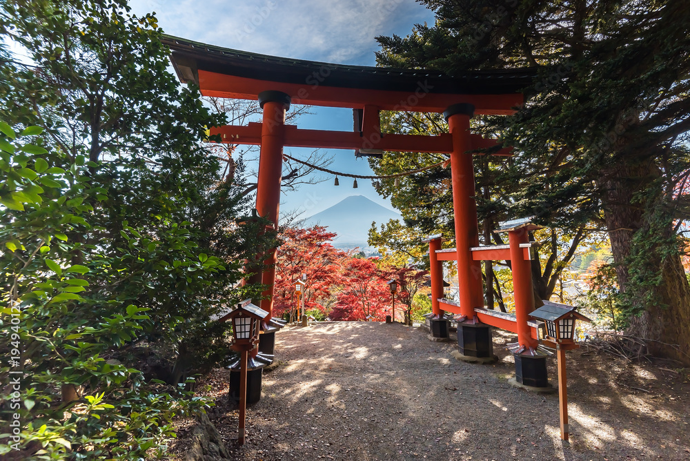 Red Torii gate in Arakura Sengen shrine with mount Fuji in autumn season Red Torii gate in Arakura Sengen shrine with mount Fuji in autumn season