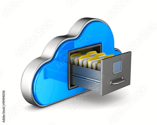 Cloud and filing cabinet on white background. Isolated 3D illustration