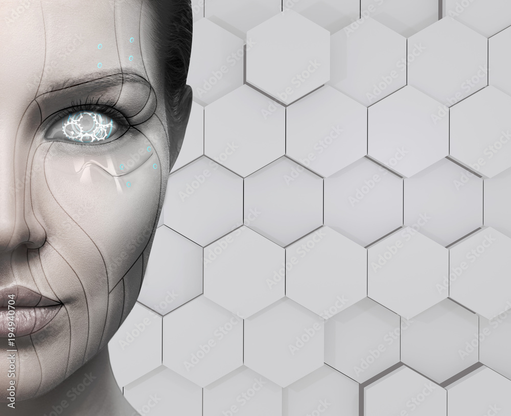 Fotografie Beautiful cyborg female face. Technology concept.