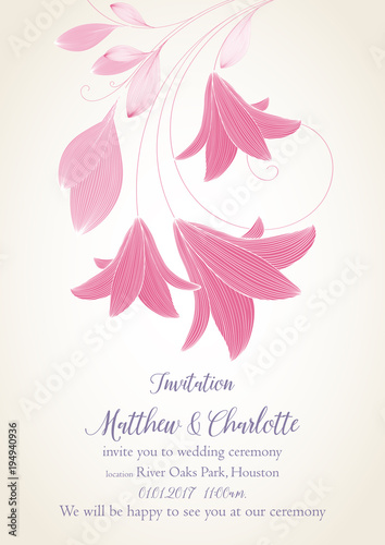 Fototapeta Naklejka Na Ścianę i Meble -  Wedding invitation with flowers of lily. Congratulations on your birthday, invitation card. Flower pattern. Element for printing, design, creativity, scrapbooking.